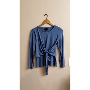 J. Jill Wearever Front Tie Top XSP Blue Long Sleeve EcoVero Knit Quiet Luxury